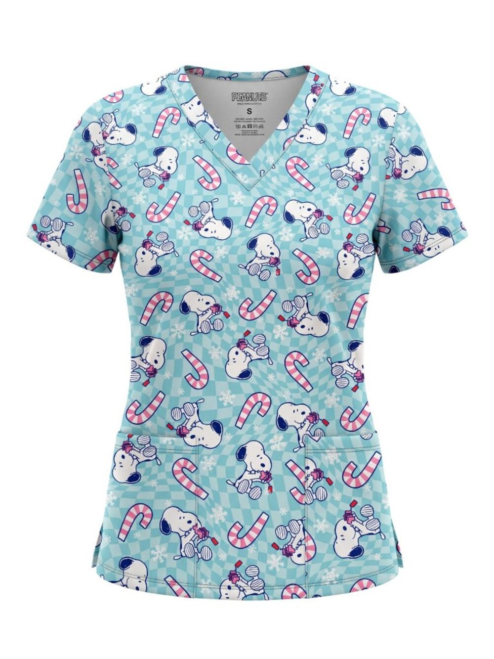 Peanuts Snoopy Christmas Women's Aqua Scrub Top Candy Cane & Snowflake Small